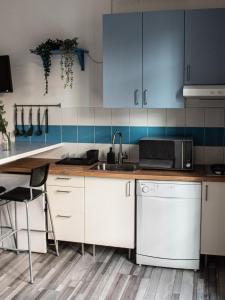 a kitchen with blue and white cabinets and a sink at Chic Asboth City Center Loft - Perfect Location in Budapest