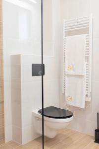 a bathroom with a white toilet and towels at Salt Hill Premium Apartments in Egerszalók