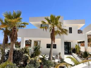 Un edificio blanco con palmeras delante. en Villa OMORFI, en Kókkinon Khoríon