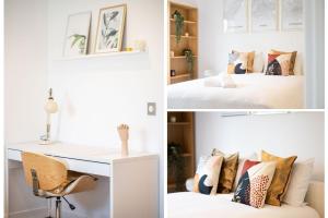 a bedroom with a desk and a bed with pillows at Le Cocon de l'Oise - F2 Cosy au bord de l'eau in Saint-Ouen-lʼAumône +15 photos