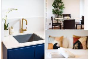 a kitchen with a sink and a dining room with a table at Le Cocon de l'Oise - F2 Cosy au bord de l'eau in Saint-Ouen-lʼAumône