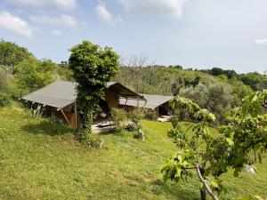 a building with a roof on a grass field at Agriturismo Angeli Sognanti in Cossignano