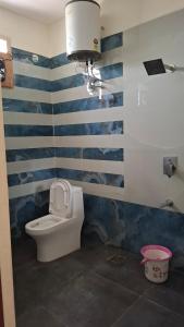 a bathroom with a toilet with blue stripes on the wall at Roshni Apartment - 2A in Vishāram