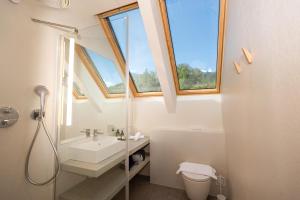 un bagno con lavandino, water e finestra di Chalet Bohinj Bliss Wellness and view of Triglav a Bohinj