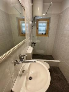 a bathroom with a sink and a toilet and a mirror at Mandarin Garden House in Orebić