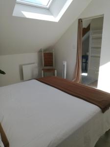 a bedroom with a bed with a window and a mirror at La mansarde in Nozay +8 photos