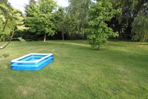 a blue tub sitting on the grass in a yard at Luxury rural farmhouse retreat in Yvrandes