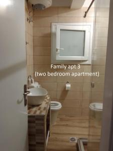 a bathroom with a sink and a toilet and a mirror at Elaionas Holiday Home studios and apartments in Agios Stefanos +33 photos