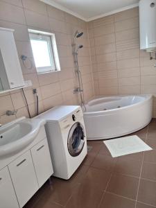 a bathroom with a washing machine and a bath tub at a cozy corner in Bar