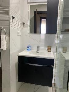 a bathroom with a sink and a mirror and a shower at Appartement Spacieux & Moderne, 2 min Gare, 10 min Plage, Parking Gratuit in Casablanca
