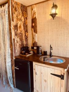 a kitchen with a sink and a counter top at Domaine FINCA LESSYA, Lodge insolite & SPA in Mauguio