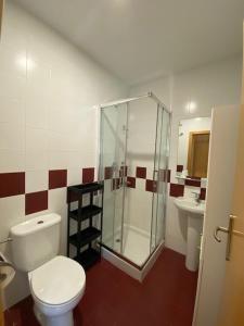 a bathroom with a shower and a toilet and a sink at Miresibilbao - Residencia Universitaria in Bilbao