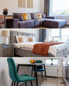 una camera da letto con un letto, un tavolo e una sedia di MoHost Noua 2 - Scenic Mountain Getaway a Braşov