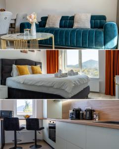 un soggiorno con un divano e un tavolo di MoHost Noua 3 - Premium Escape with Balcony Views a Braşov