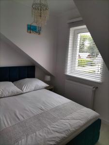 ダルウォボにあるDary Morzaのベッドルーム1室(シャンデリア、窓付)