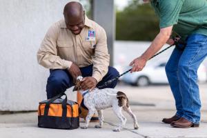 a man is petting a dog in a bag at Motel 6 Pasadena, CA Old Town Pasadena Area in Pasadena