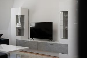 TV a/nebo společenská místnost v ubytování Ferienwohnung Strandglück am Malchower See mit Garten