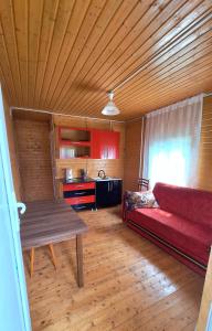a living room with a red couch and a table at Cottage Keleri in Mazeri