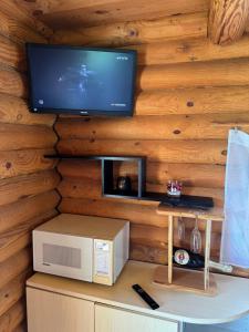 a room with a microwave and a tv on a wall at MK Kodumajutus in Võru