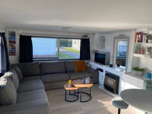 a living room with a couch and a fireplace at Forelwereld camping Luttelgeest aan zee vlak bij Giethoorn ,Lemmer ,Urk in Luttelgeest