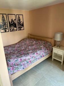 a bedroom with a bed and a table with a lamp at Chmurka in Pisz