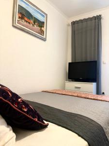 a bedroom with a bed and a flat screen tv at Studio Apartments Siesta in Sarajevo