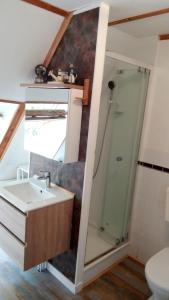 une salle de bain avec lavabo et douche dans l'établissement au petit bonheur, à Putanges 6 autres photos