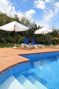 two white umbrellas and chairs next to a swimming pool at Atlantico Apartments in Ribeira Grande