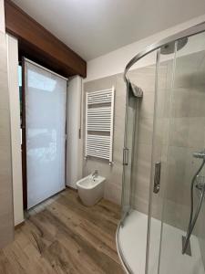 a bathroom with a shower and a sink at Stella Alpina in Paularo