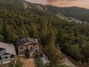 Luxury Ridgecrest Resort 4BR في بيغ بير لاكي: اطلالة جوية على بيت في الغابة