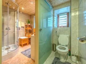 a bathroom with a toilet and a glass shower at Innradweg in Angath