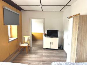 a living room with a television and a chair at Pension Jasmin A in Chemnitz