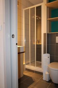 W łazience znajduje się toaleta i przeszklony prysznic. w obiekcie Village Vacances Passion Georges Moustaki w mieście Les Moussières