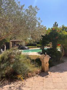 ein Hof mit Swimmingpool und einem Garten mit Pflanzen in der Unterkunft Maison 2 ch en campagne 5 mn du centre en voiture avec possibilité piscine familiale in Salon-de-Provence