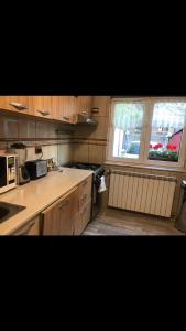 a kitchen with a sink and a microwave and a window at Domenii House in Bucharest