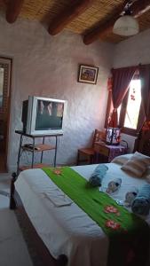 a bedroom with a bed and a flat screen tv at El Quitapenas Tilcara in Tilcara