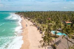 an aerial view of a beach with palm trees and the ocean at Pousada Makai in Porto De Galinhas