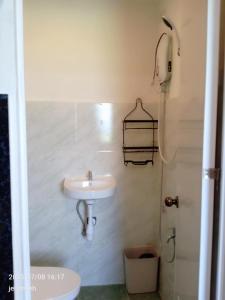 a bathroom with a sink and a shower at Megan and Angel Travellers Inn in Sinai