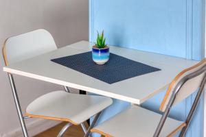 a white table with a potted plant on it at Le Léon 13 Joli studio avec balcon situé à Dieppe in Dieppe +4 photos