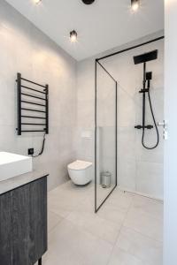 a bathroom with a glass shower and a toilet at TOPOLIŲ Apartamentai in Palanga +15 photos