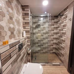 Un baño con inodoro y ducha de cristal. en Apartments 1 line sea WYN RESIDENS, en Batumi