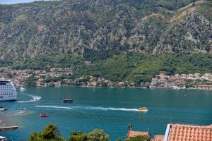 a view of a body of water with buildings and mountains at Berge Apartments in Kotor