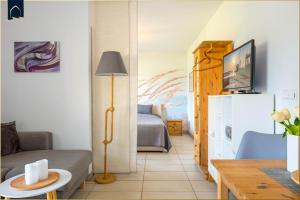 Μια τηλεόραση ή/και κέντρο ψυχαγωγίας στο Ferienwohnung Krebssee Idyll 1