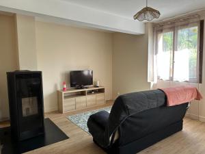 un soggiorno con un divano e una TV di Appartement Proche Village + Vue sur Montagnes a Vallouise
