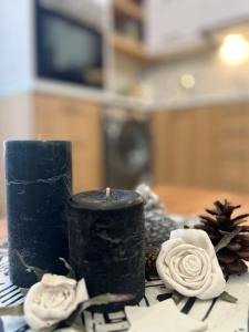 Una vela y algunas flores en una mesa. en Blue Studio Houses, en Samos