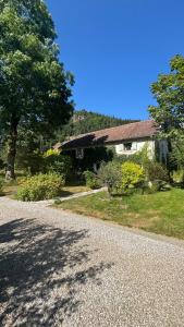 une maison avec un arbre et une allée de gravier dans l'établissement Charmante maison de campagne vue sur les montagnes, à Oderen