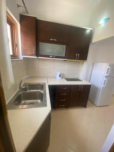 a small kitchen with a sink and a refrigerator at Ergys Apartments in Ksamil