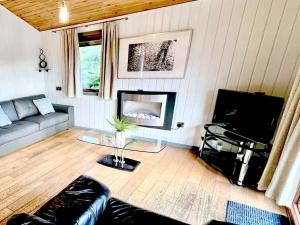 a living room with a couch and a fireplace at Holly Lodge 12 Hot Tub in York