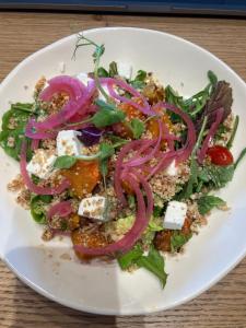 a salad with red onions on a white plate at Revival House Shalom in Jeffreys Bay