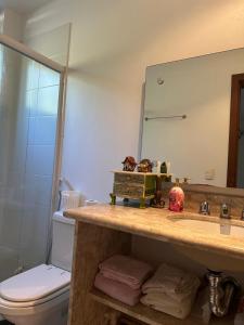 a bathroom with a sink and a toilet and a mirror at Suíte em Condomínio de Luxo em Casa de Família in Araras Petropolis +30 photos